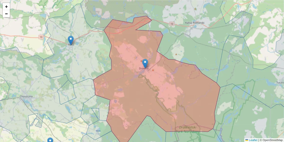 Szczegółowa mapa kodu pocztowego 73-220 z granicami, sąsiednimi kodami pocztowymi i urzędami pocztowymi
