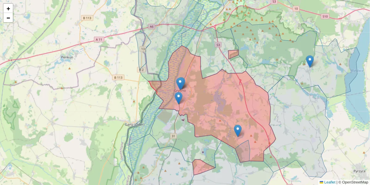 Szczegółowa mapa kodu pocztowego 74-100 z granicami, sąsiednimi kodami pocztowymi i urzędami pocztowymi