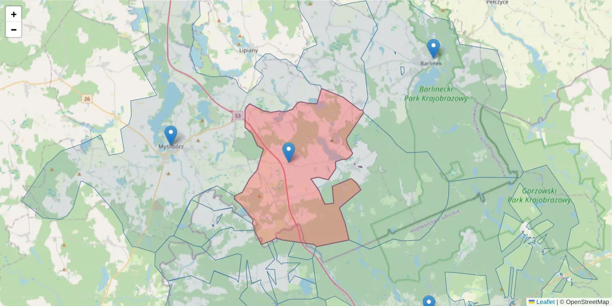 Szczegółowa mapa kodu pocztowego 74-304 z granicami, sąsiednimi kodami pocztowymi i urzędami pocztowymi