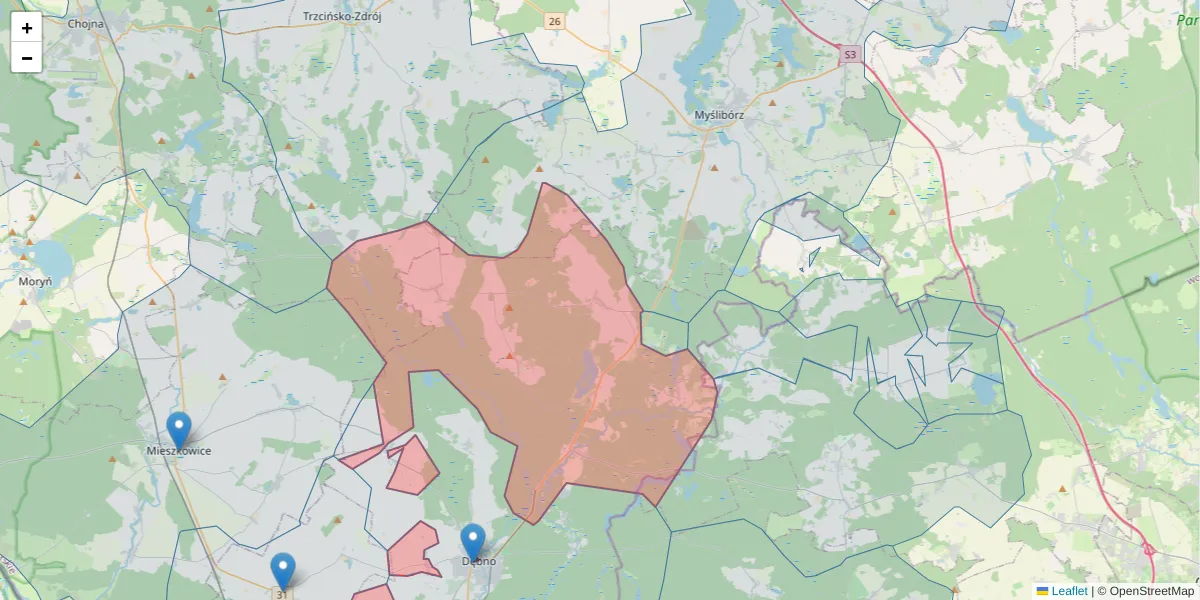 Szczegółowa mapa kodu pocztowego 74-311 z granicami, sąsiednimi kodami pocztowymi i urzędami pocztowymi