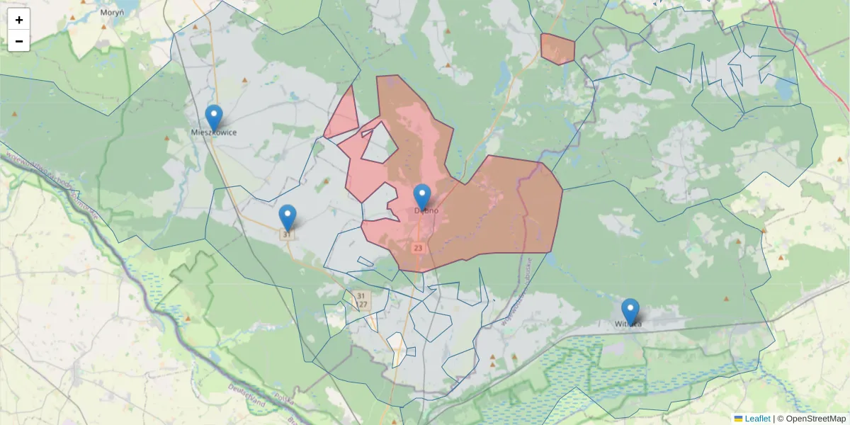 Szczegółowa mapa kodu pocztowego 74-400 z granicami, sąsiednimi kodami pocztowymi i urzędami pocztowymi