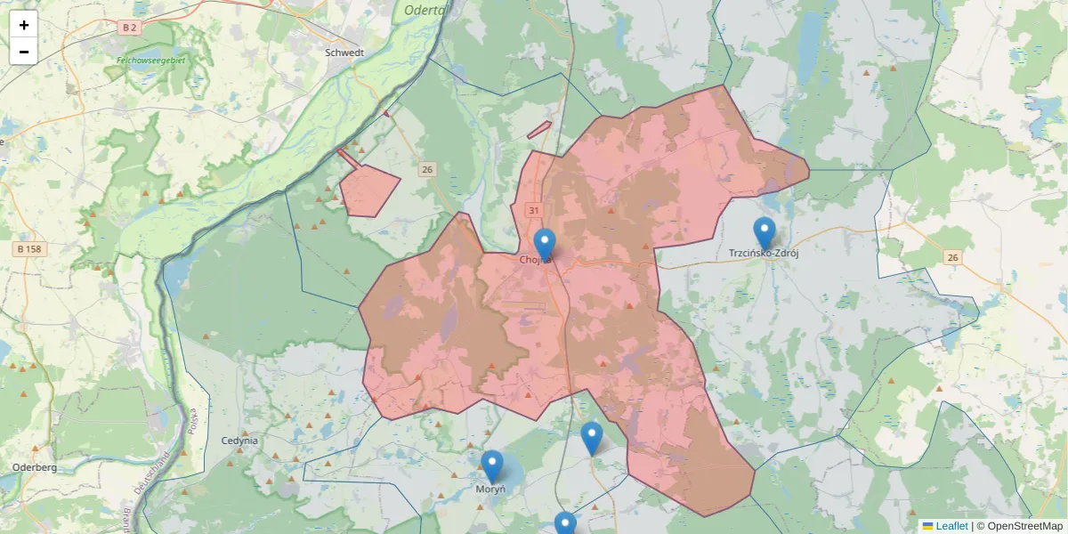Szczegółowa mapa kodu pocztowego 74-500 z granicami, sąsiednimi kodami pocztowymi i urzędami pocztowymi