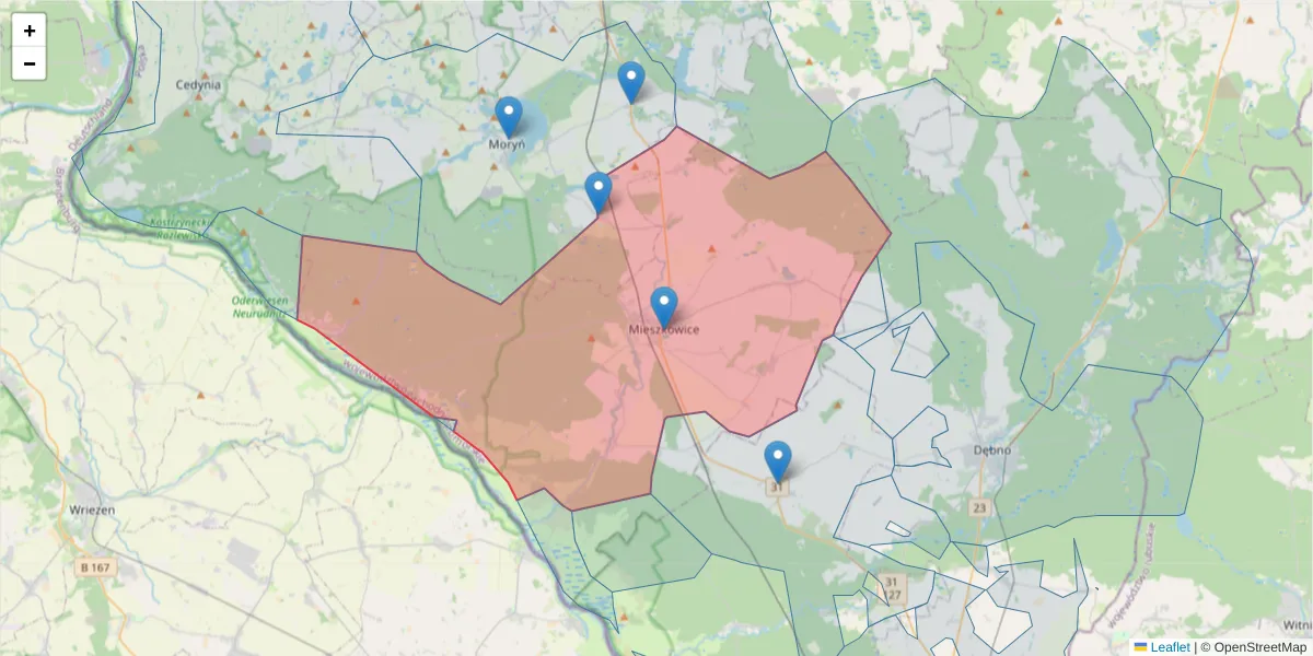 Szczegółowa mapa kodu pocztowego 74-505 z granicami, sąsiednimi kodami pocztowymi i urzędami pocztowymi