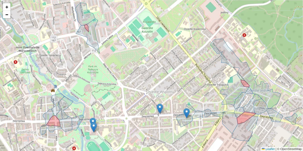 Szczegółowa mapa kodu pocztowego 75-001 z granicami, sąsiednimi kodami pocztowymi i urzędami pocztowymi