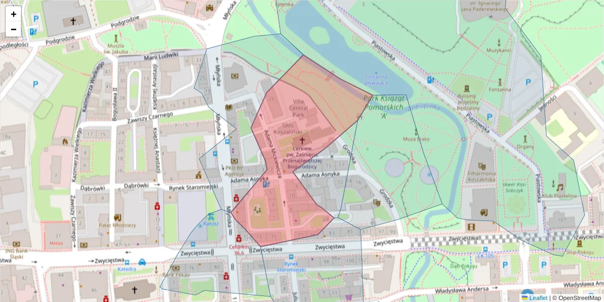 Szczegółowa mapa kodu pocztowego 75-004 z granicami, sąsiednimi kodami pocztowymi i urzędami pocztowymi