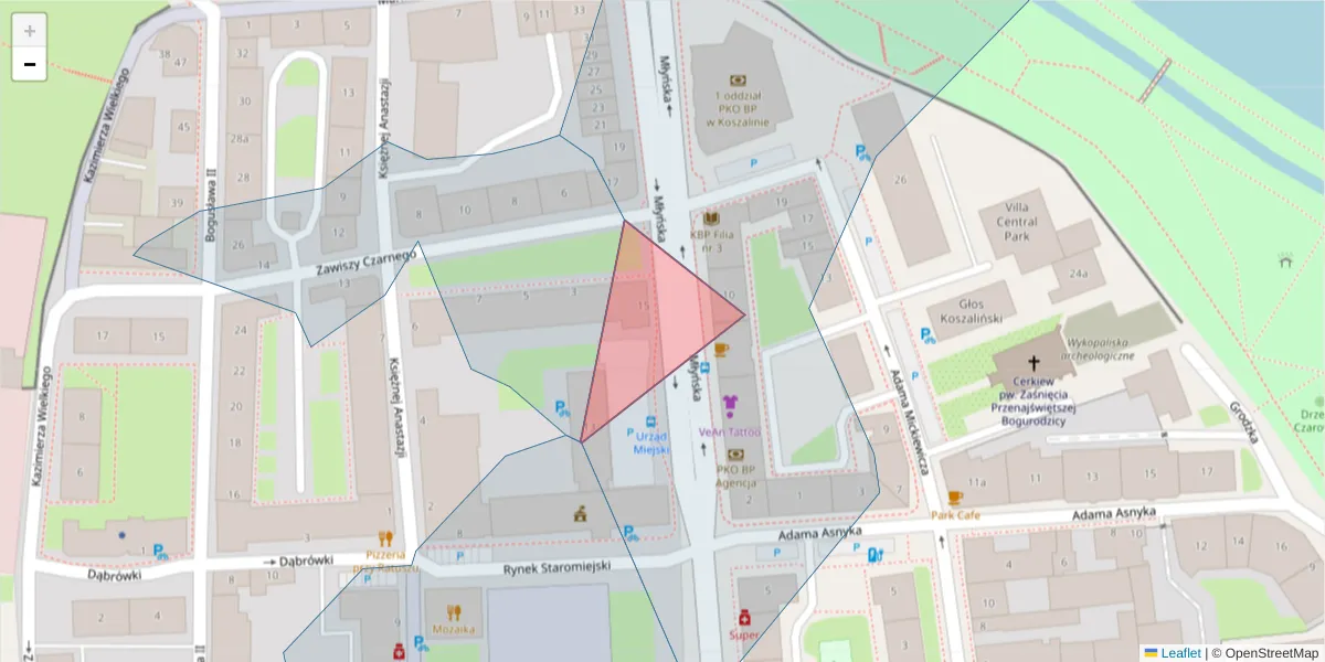Szczegółowa mapa kodu pocztowego 75-052 z granicami, sąsiednimi kodami pocztowymi i urzędami pocztowymi