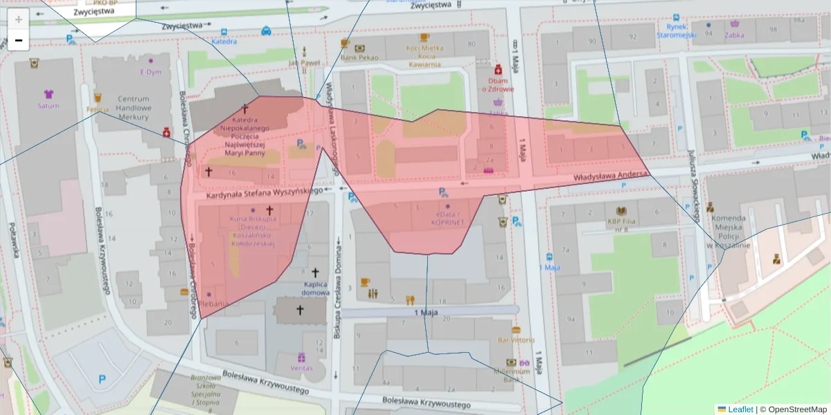Szczegółowa mapa kodu pocztowego 75-062 z granicami, sąsiednimi kodami pocztowymi i urzędami pocztowymi