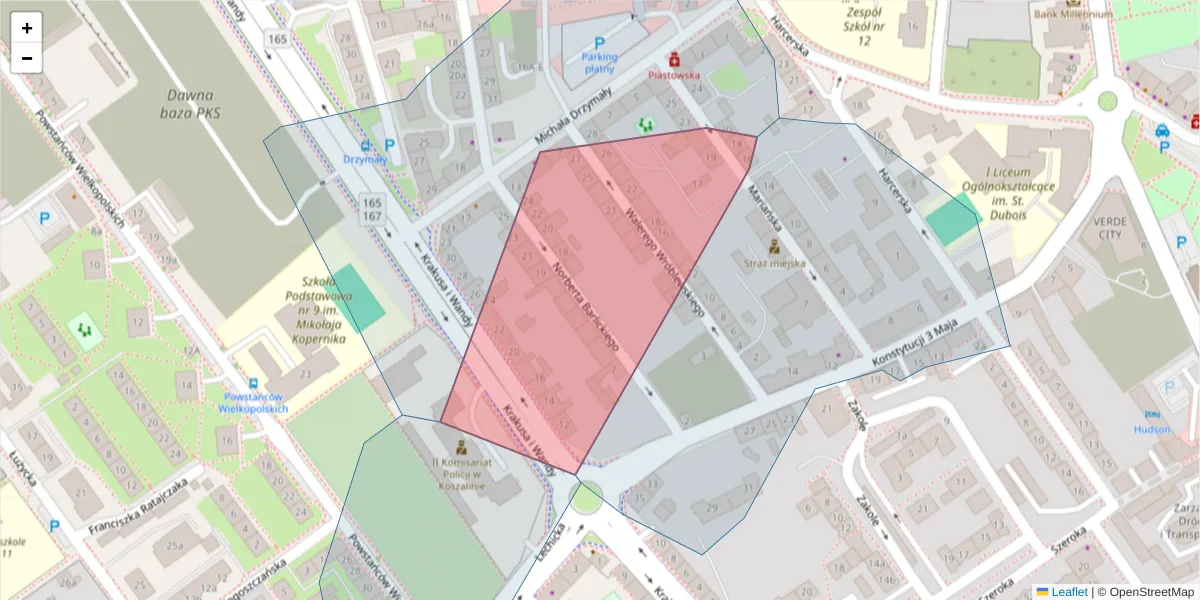 Szczegółowa mapa kodu pocztowego 75-077 z granicami, sąsiednimi kodami pocztowymi i urzędami pocztowymi