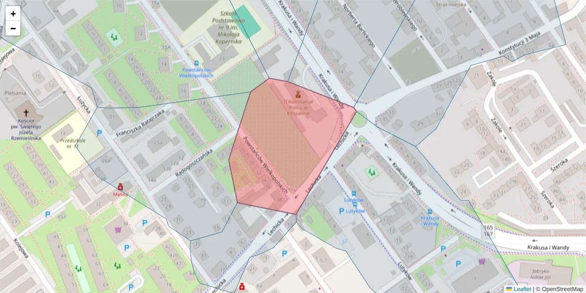 Szczegółowa mapa kodu pocztowego 75-107 z granicami, sąsiednimi kodami pocztowymi i urzędami pocztowymi