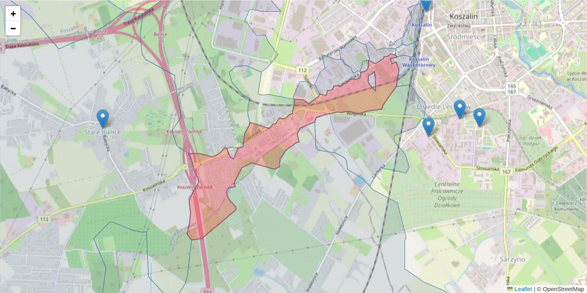 Szczegółowa mapa kodu pocztowego 75-122 z granicami, sąsiednimi kodami pocztowymi i urzędami pocztowymi
