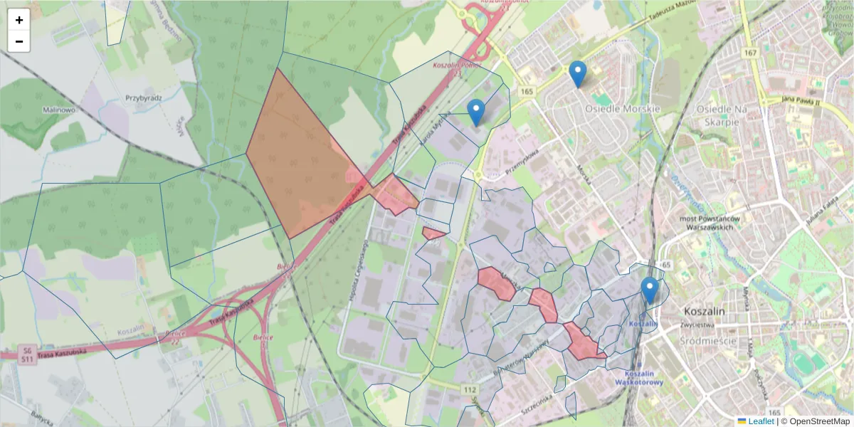 Szczegółowa mapa kodu pocztowego 75-124 z granicami, sąsiednimi kodami pocztowymi i urzędami pocztowymi