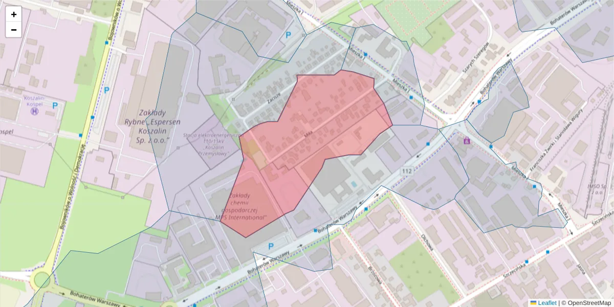 Szczegółowa mapa kodu pocztowego 75-125 z granicami, sąsiednimi kodami pocztowymi i urzędami pocztowymi