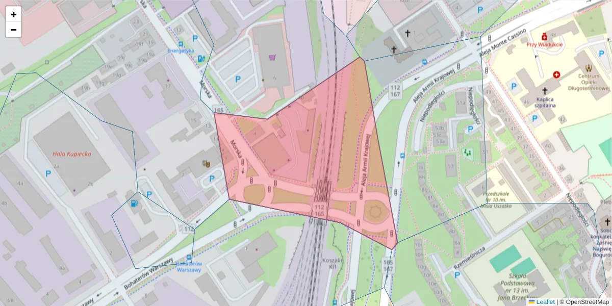 Szczegółowa mapa kodu pocztowego 75-218 z granicami, sąsiednimi kodami pocztowymi i urzędami pocztowymi