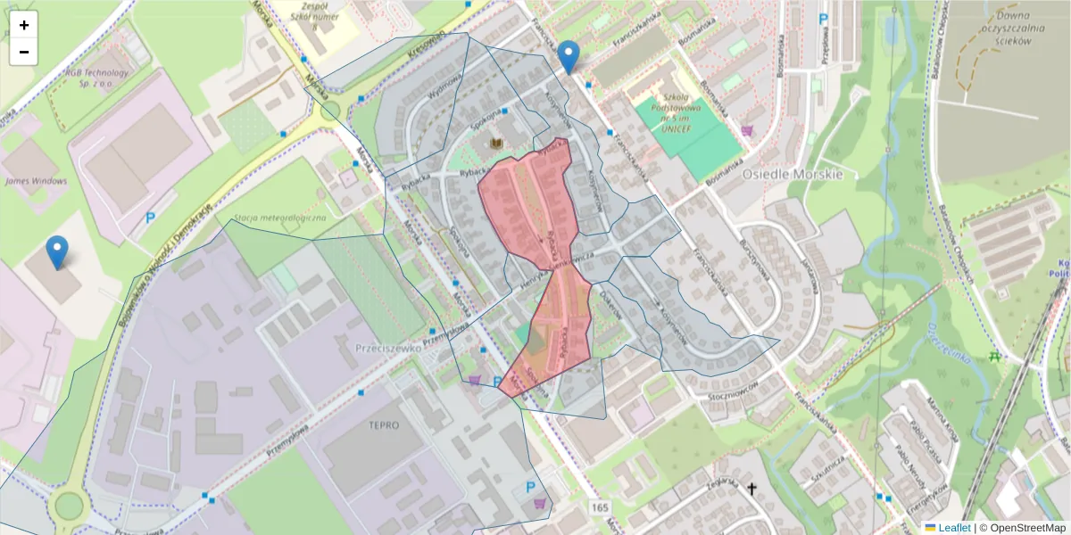 Szczegółowa mapa kodu pocztowego 75-228 z granicami, sąsiednimi kodami pocztowymi i urzędami pocztowymi