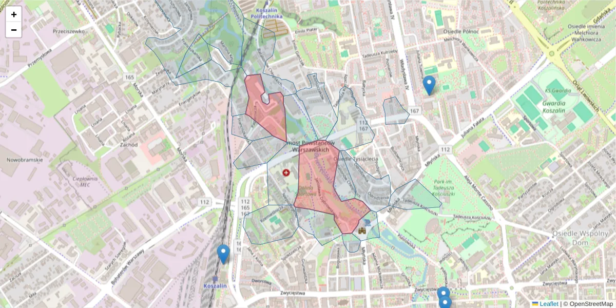 Szczegółowa mapa kodu pocztowego 75-300 z granicami, sąsiednimi kodami pocztowymi i urzędami pocztowymi