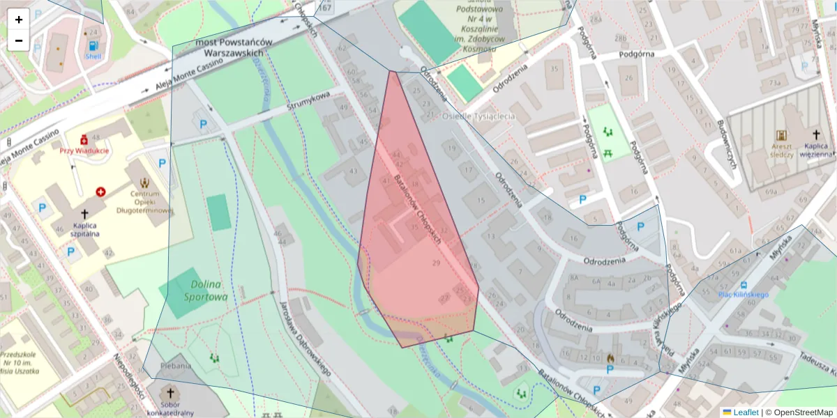 Szczegółowa mapa kodu pocztowego 75-302 z granicami, sąsiednimi kodami pocztowymi i urzędami pocztowymi