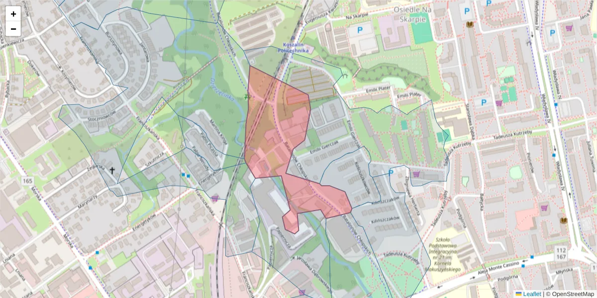Szczegółowa mapa kodu pocztowego 75-309 z granicami, sąsiednimi kodami pocztowymi i urzędami pocztowymi