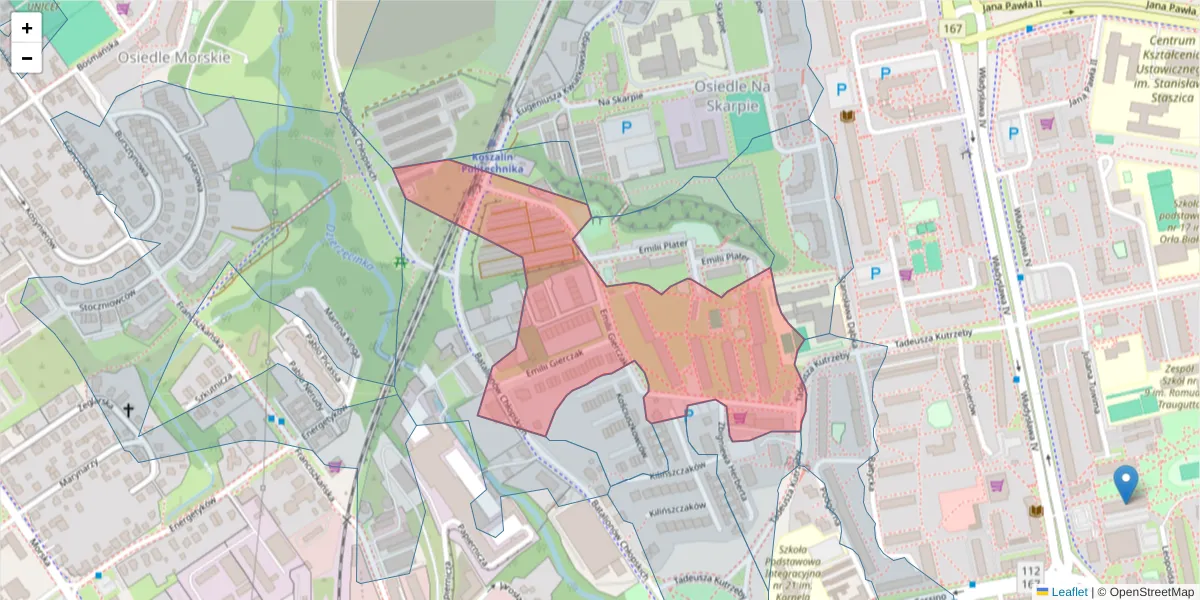 Szczegółowa mapa kodu pocztowego 75-333 z granicami, sąsiednimi kodami pocztowymi i urzędami pocztowymi