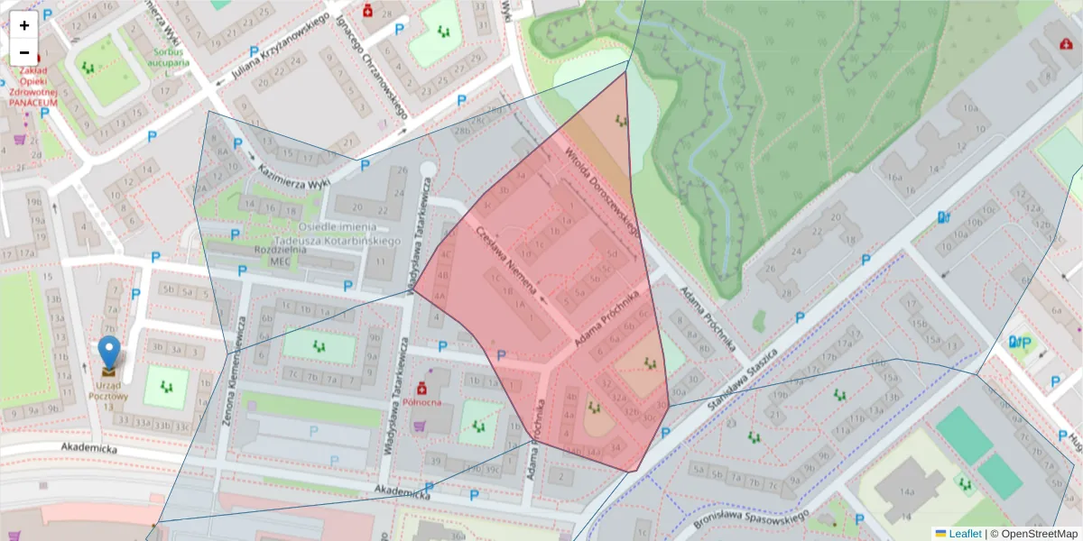 Szczegółowa mapa kodu pocztowego 75-338 z granicami, sąsiednimi kodami pocztowymi i urzędami pocztowymi