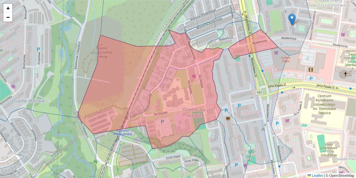 Szczegółowa mapa kodu pocztowego 75-343 z granicami, sąsiednimi kodami pocztowymi i urzędami pocztowymi
