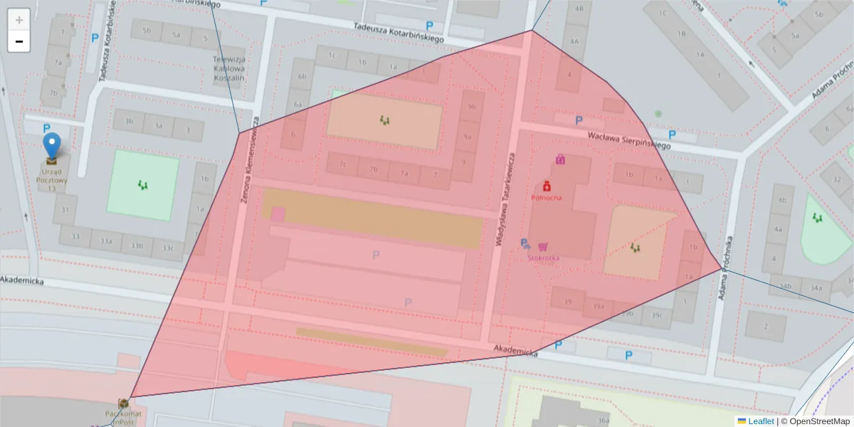 Szczegółowa mapa kodu pocztowego 75-351 z granicami, sąsiednimi kodami pocztowymi i urzędami pocztowymi