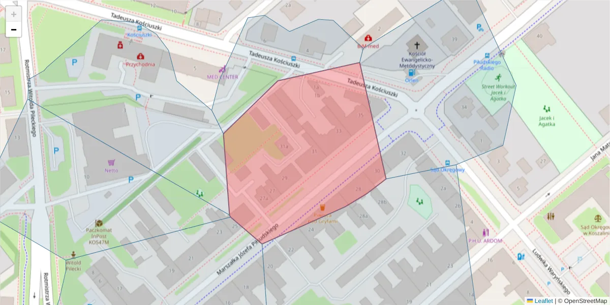 Szczegółowa mapa kodu pocztowego 75-352 z granicami, sąsiednimi kodami pocztowymi i urzędami pocztowymi