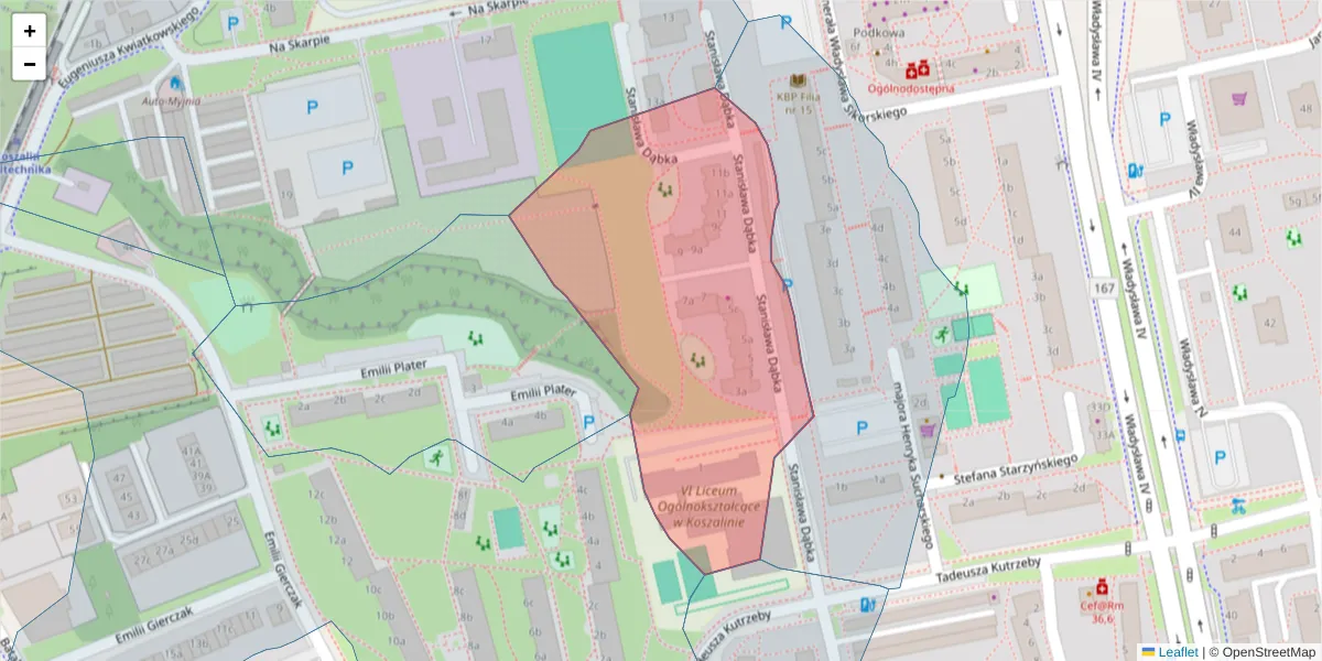 Szczegółowa mapa kodu pocztowego 75-354 z granicami, sąsiednimi kodami pocztowymi i urzędami pocztowymi