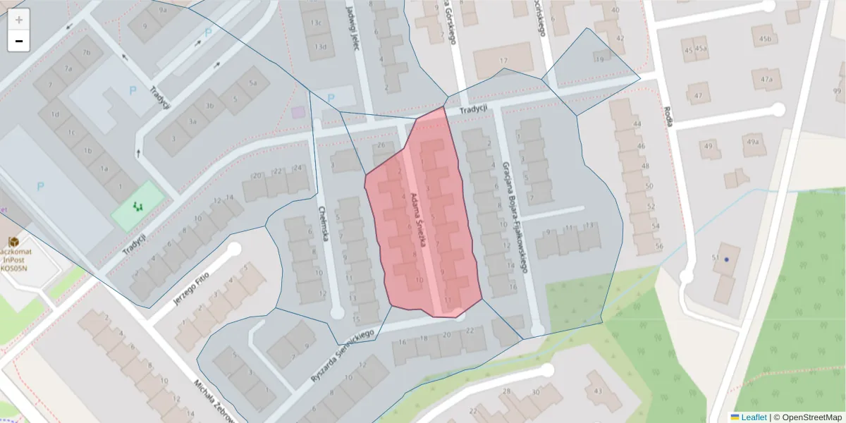 Szczegółowa mapa kodu pocztowego 75-386 z granicami, sąsiednimi kodami pocztowymi i urzędami pocztowymi