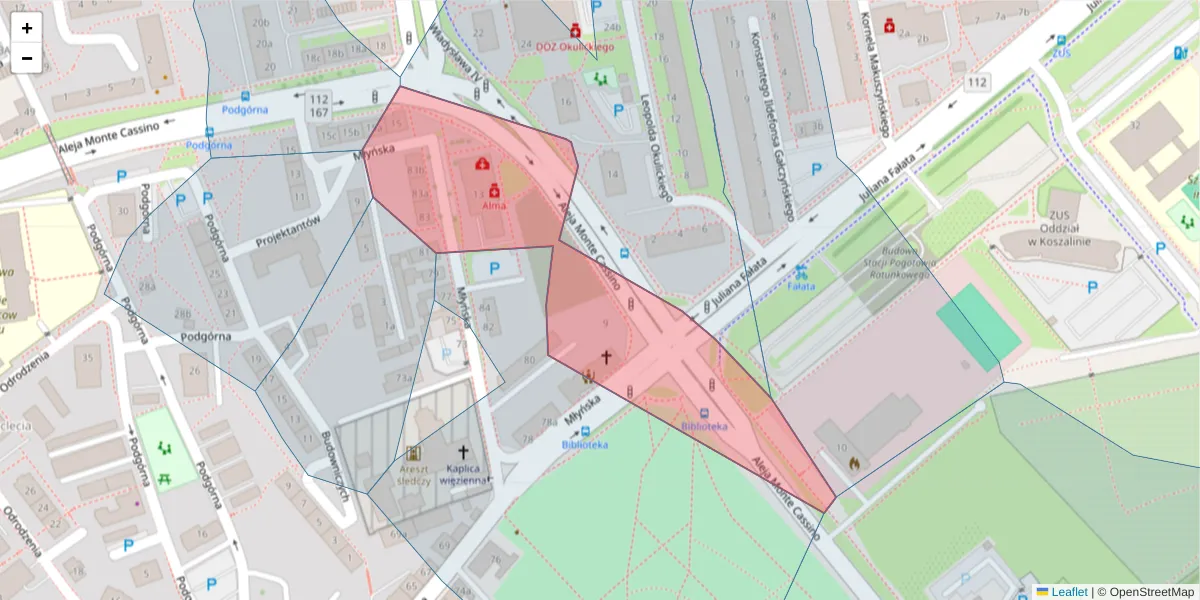 Szczegółowa mapa kodu pocztowego 75-414 z granicami, sąsiednimi kodami pocztowymi i urzędami pocztowymi