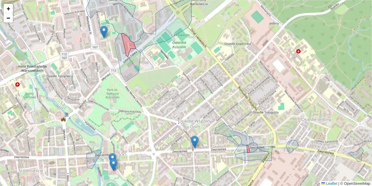 Szczegółowa mapa kodu pocztowego 75-442 z granicami, sąsiednimi kodami pocztowymi i urzędami pocztowymi