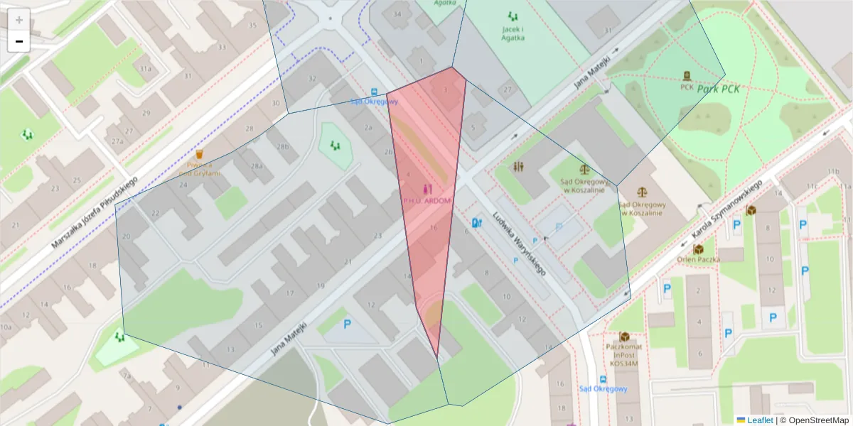 Szczegółowa mapa kodu pocztowego 75-543 z granicami, sąsiednimi kodami pocztowymi i urzędami pocztowymi