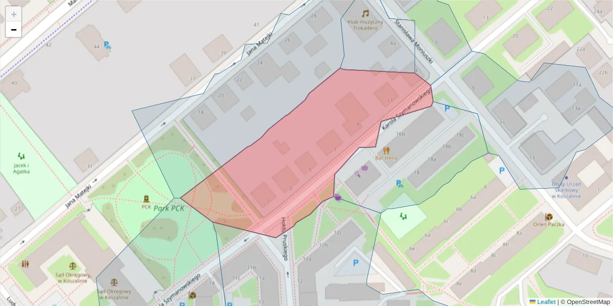 Szczegółowa mapa kodu pocztowego 75-545 z granicami, sąsiednimi kodami pocztowymi i urzędami pocztowymi