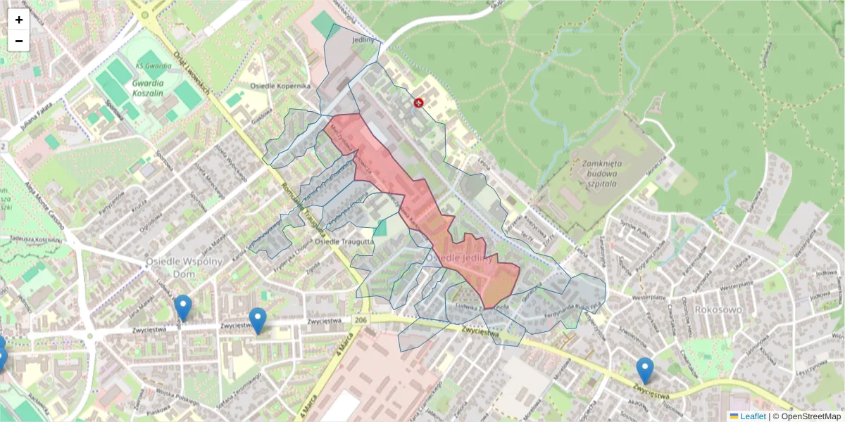 Szczegółowa mapa kodu pocztowego 75-563 z granicami, sąsiednimi kodami pocztowymi i urzędami pocztowymi