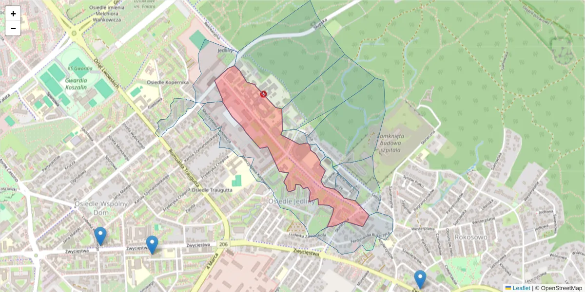 Szczegółowa mapa kodu pocztowego 75-581 z granicami, sąsiednimi kodami pocztowymi i urzędami pocztowymi