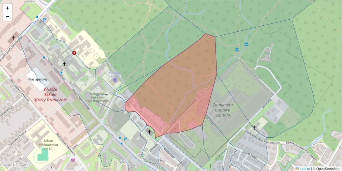 Szczegółowa mapa kodu pocztowego 75-585 z granicami, sąsiednimi kodami pocztowymi i urzędami pocztowymi