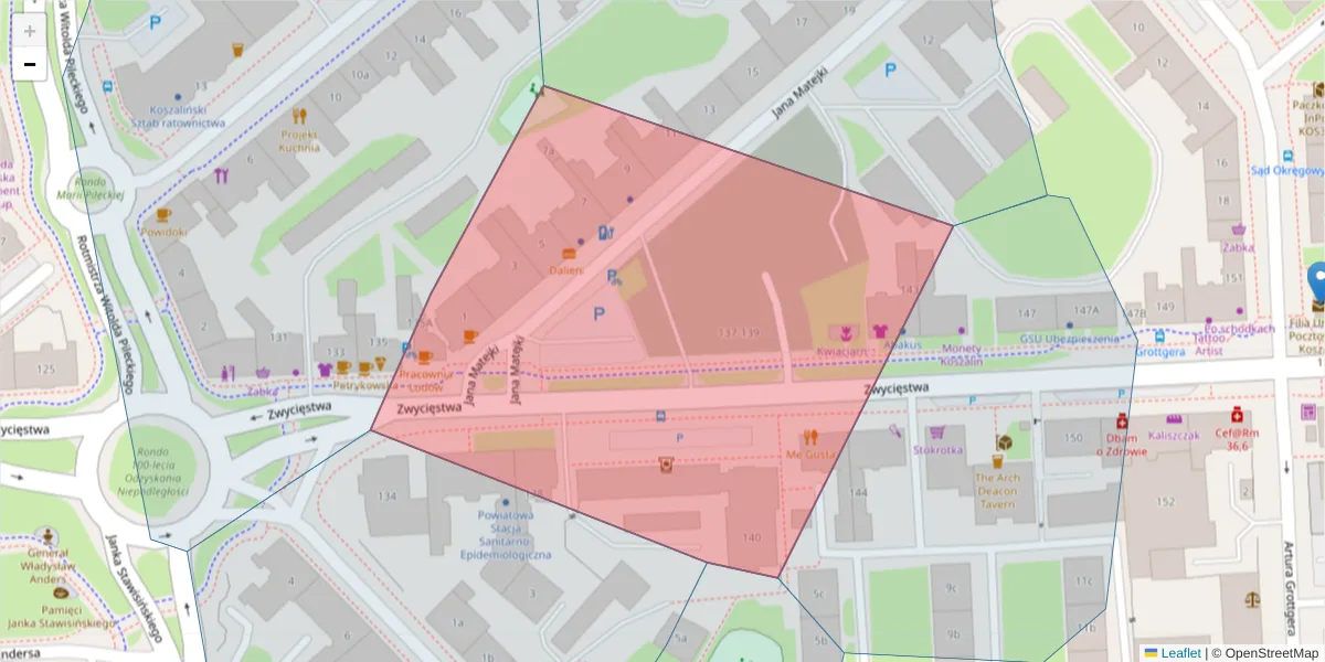 Szczegółowa mapa kodu pocztowego 75-604 z granicami, sąsiednimi kodami pocztowymi i urzędami pocztowymi