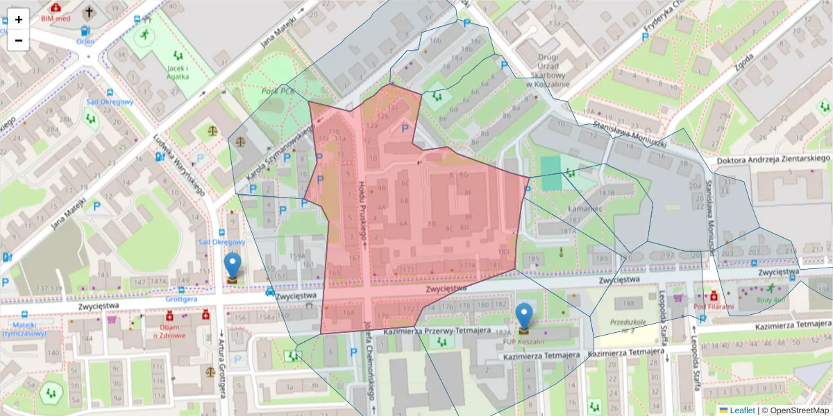 Szczegółowa mapa kodu pocztowego 75-607 z granicami, sąsiednimi kodami pocztowymi i urzędami pocztowymi