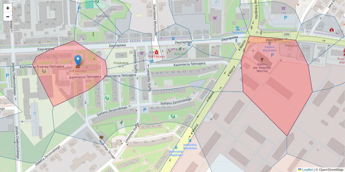 Szczegółowa mapa kodu pocztowego 75-611 z granicami, sąsiednimi kodami pocztowymi i urzędami pocztowymi
