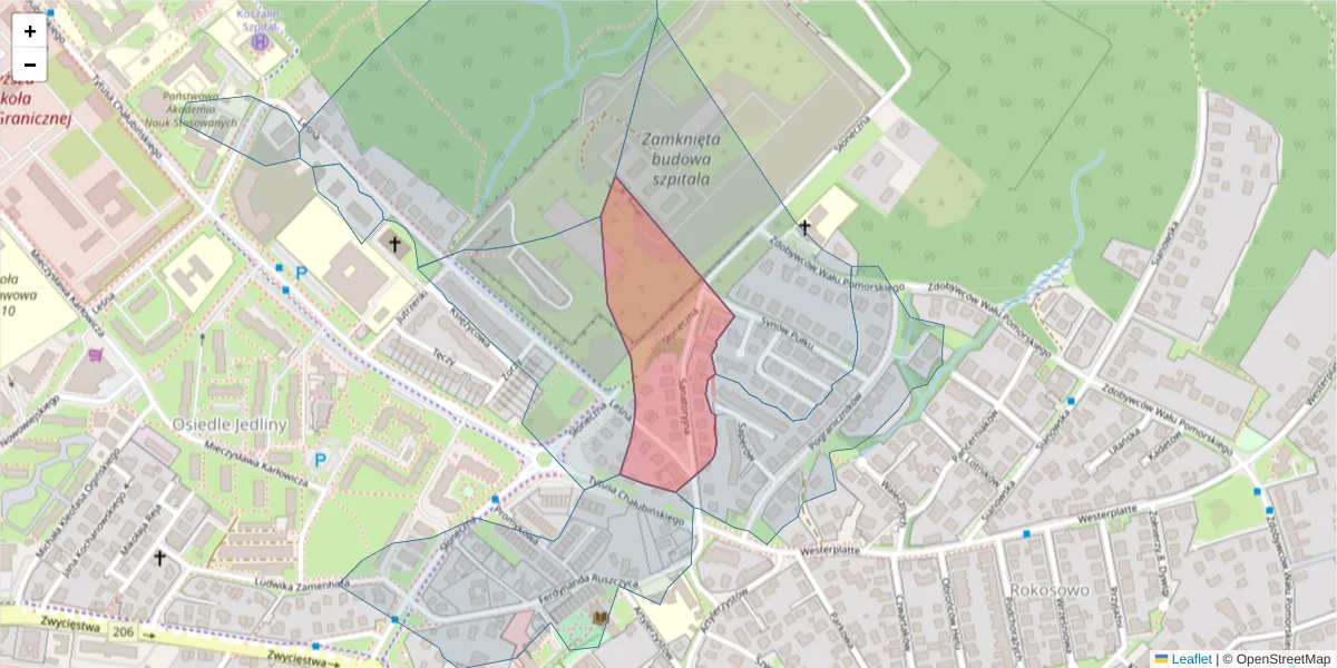 Szczegółowa mapa kodu pocztowego 75-647 z granicami, sąsiednimi kodami pocztowymi i urzędami pocztowymi