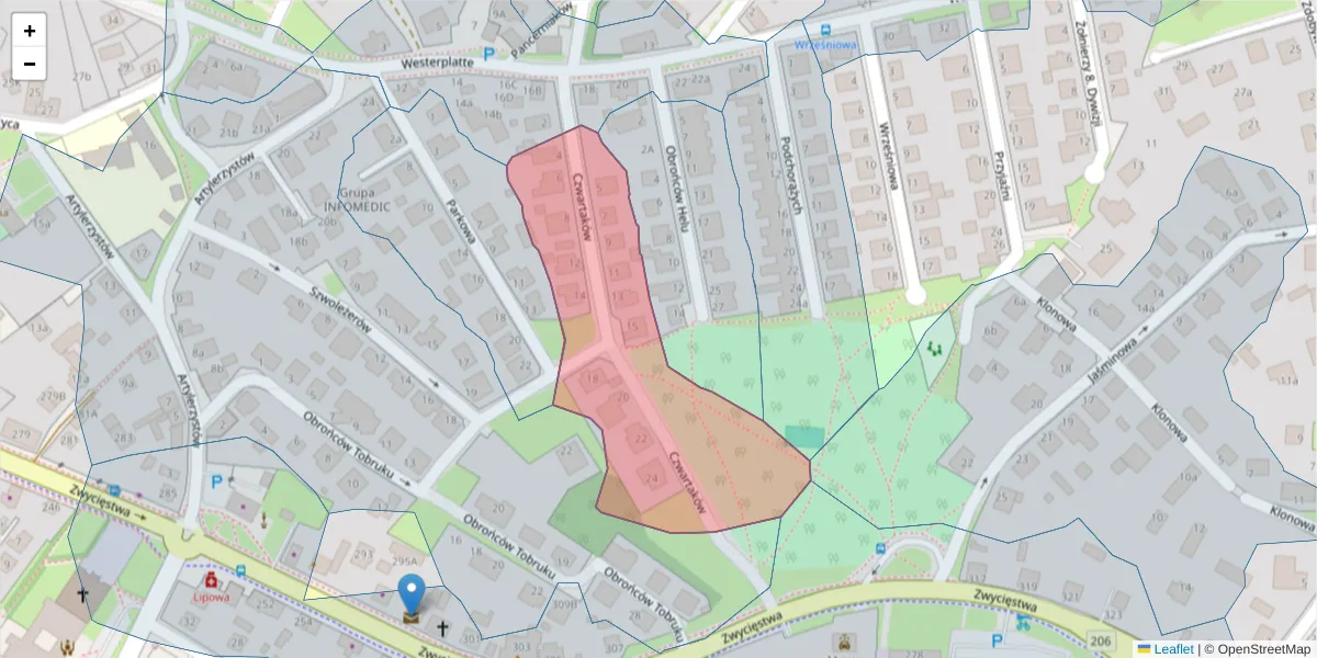 Szczegółowa mapa kodu pocztowego 75-697 z granicami, sąsiednimi kodami pocztowymi i urzędami pocztowymi