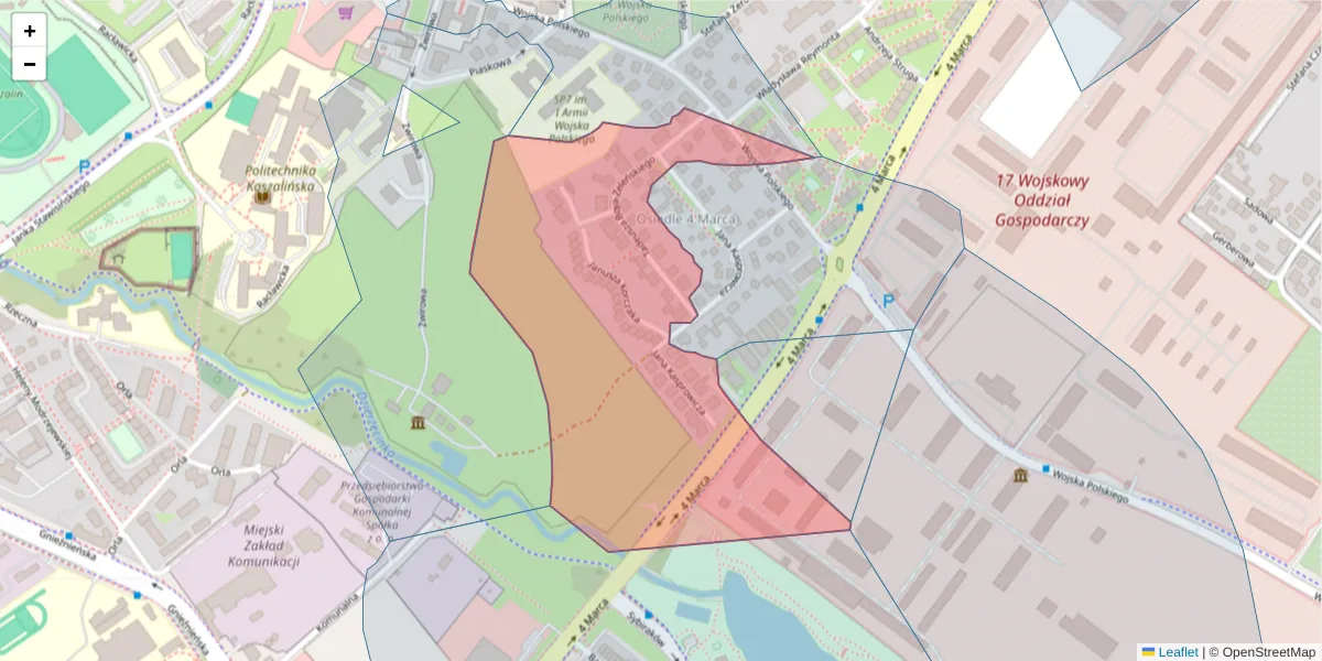 Szczegółowa mapa kodu pocztowego 75-713 z granicami, sąsiednimi kodami pocztowymi i urzędami pocztowymi