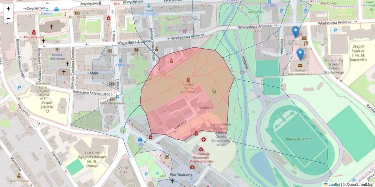 Szczegółowa mapa kodu pocztowego 75-720 z granicami, sąsiednimi kodami pocztowymi i urzędami pocztowymi