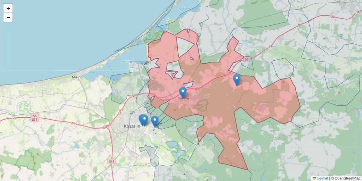 Szczegółowa mapa kodu pocztowego 76-004 z granicami, sąsiednimi kodami pocztowymi i urzędami pocztowymi