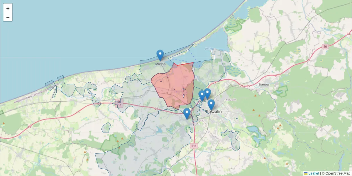Szczegółowa mapa kodu pocztowego 76-031 z granicami, sąsiednimi kodami pocztowymi i urzędami pocztowymi