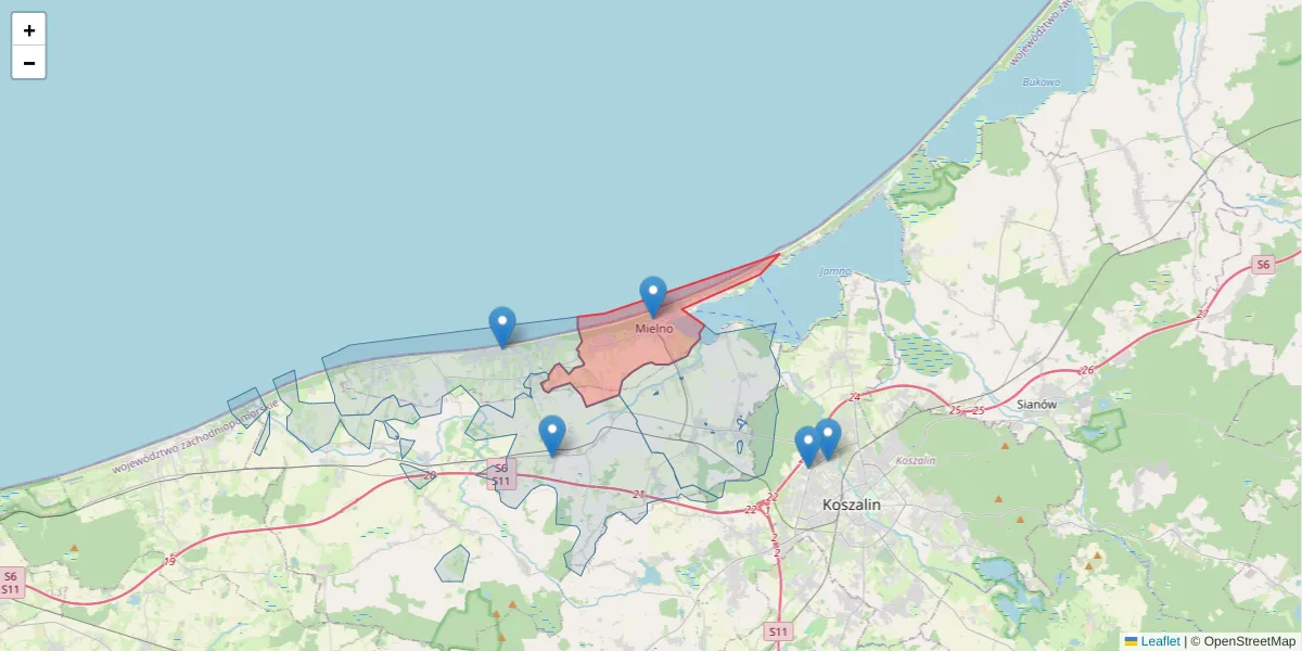 Szczegółowa mapa kodu pocztowego 76-032 z granicami, sąsiednimi kodami pocztowymi i urzędami pocztowymi