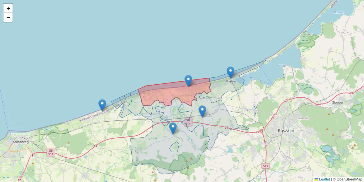 Szczegółowa mapa kodu pocztowego 76-034 z granicami, sąsiednimi kodami pocztowymi i urzędami pocztowymi