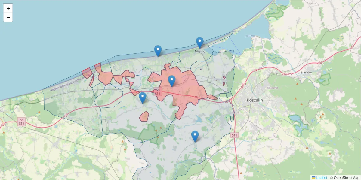 Szczegółowa mapa kodu pocztowego 76-037 z granicami, sąsiednimi kodami pocztowymi i urzędami pocztowymi