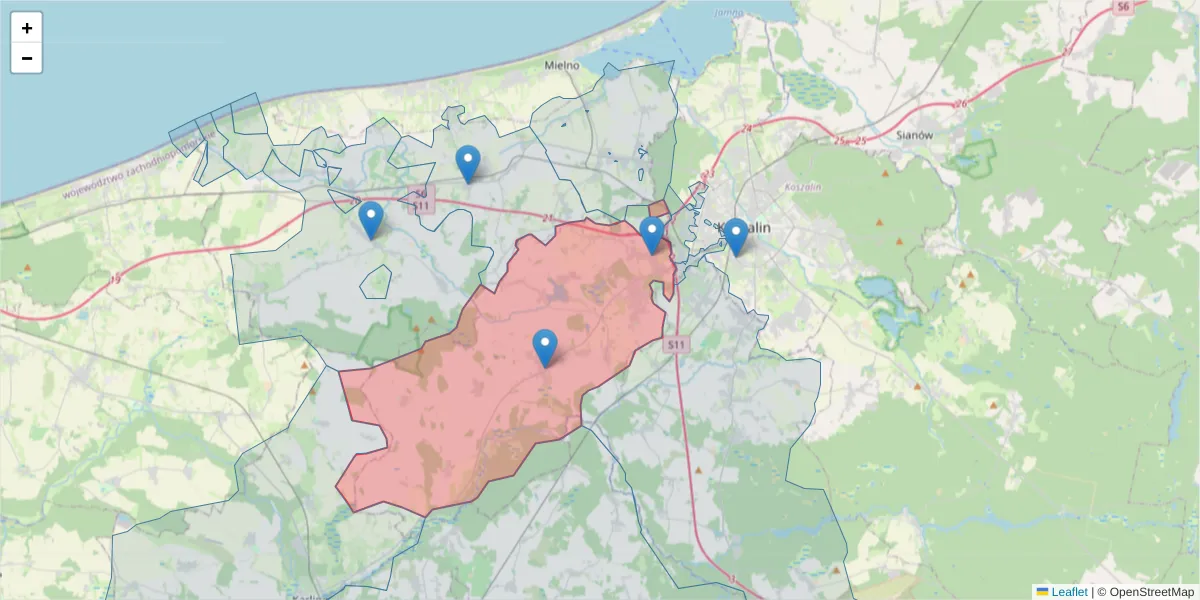 Szczegółowa mapa kodu pocztowego 76-039 z granicami, sąsiednimi kodami pocztowymi i urzędami pocztowymi
