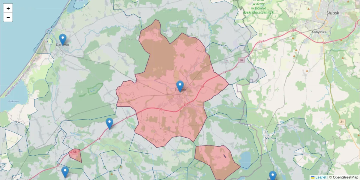 Szczegółowa mapa kodu pocztowego 76-100 z granicami, sąsiednimi kodami pocztowymi i urzędami pocztowymi