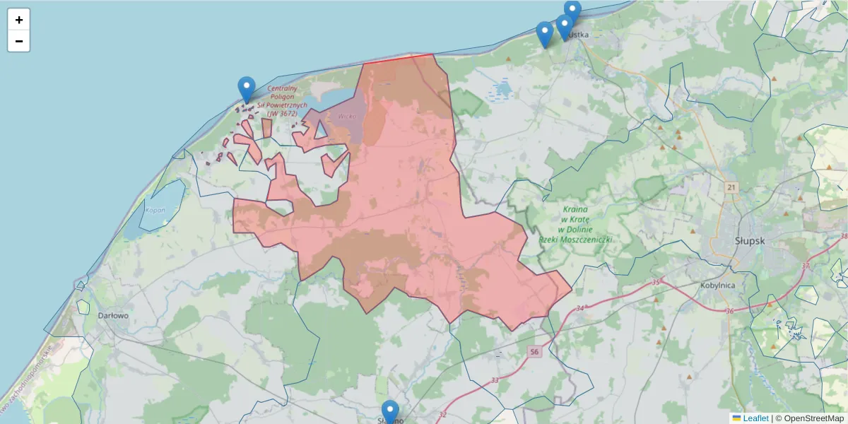 Szczegółowa mapa kodu pocztowego 76-113 z granicami, sąsiednimi kodami pocztowymi i urzędami pocztowymi